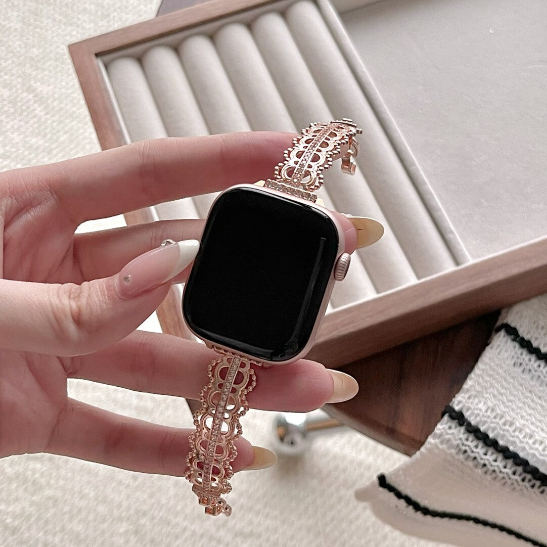 Luxury Lace Metal Band Compatible with Apple Watch Series 11 10 9 SE Ultra, Filigree Stainless Steel Bracelet for iWatch 44mm 45mm 49mm - Silver