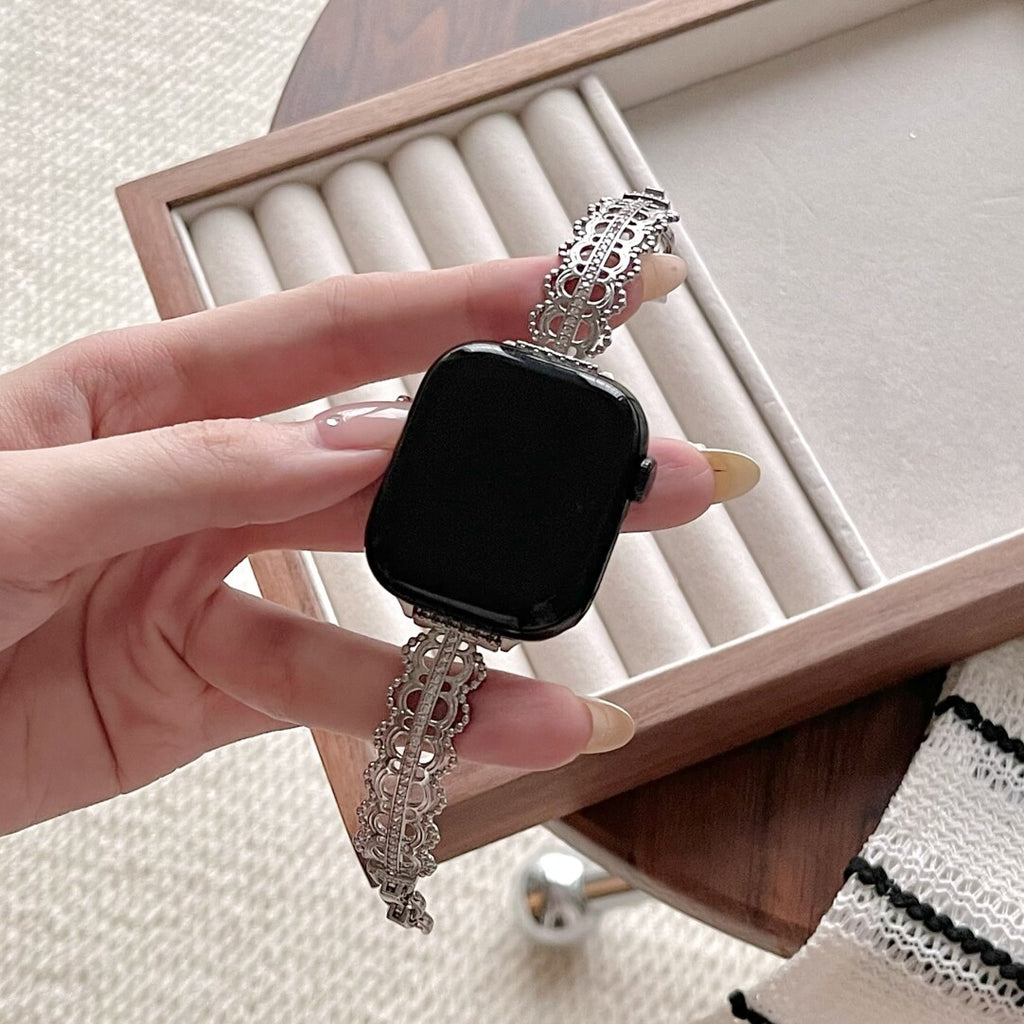 Luxury Lace Metal Band Compatible with Apple Watch Series 11 10 9 SE Ultra, Filigree Stainless Steel Bracelet for iWatch 44mm 45mm 49mm - Silver