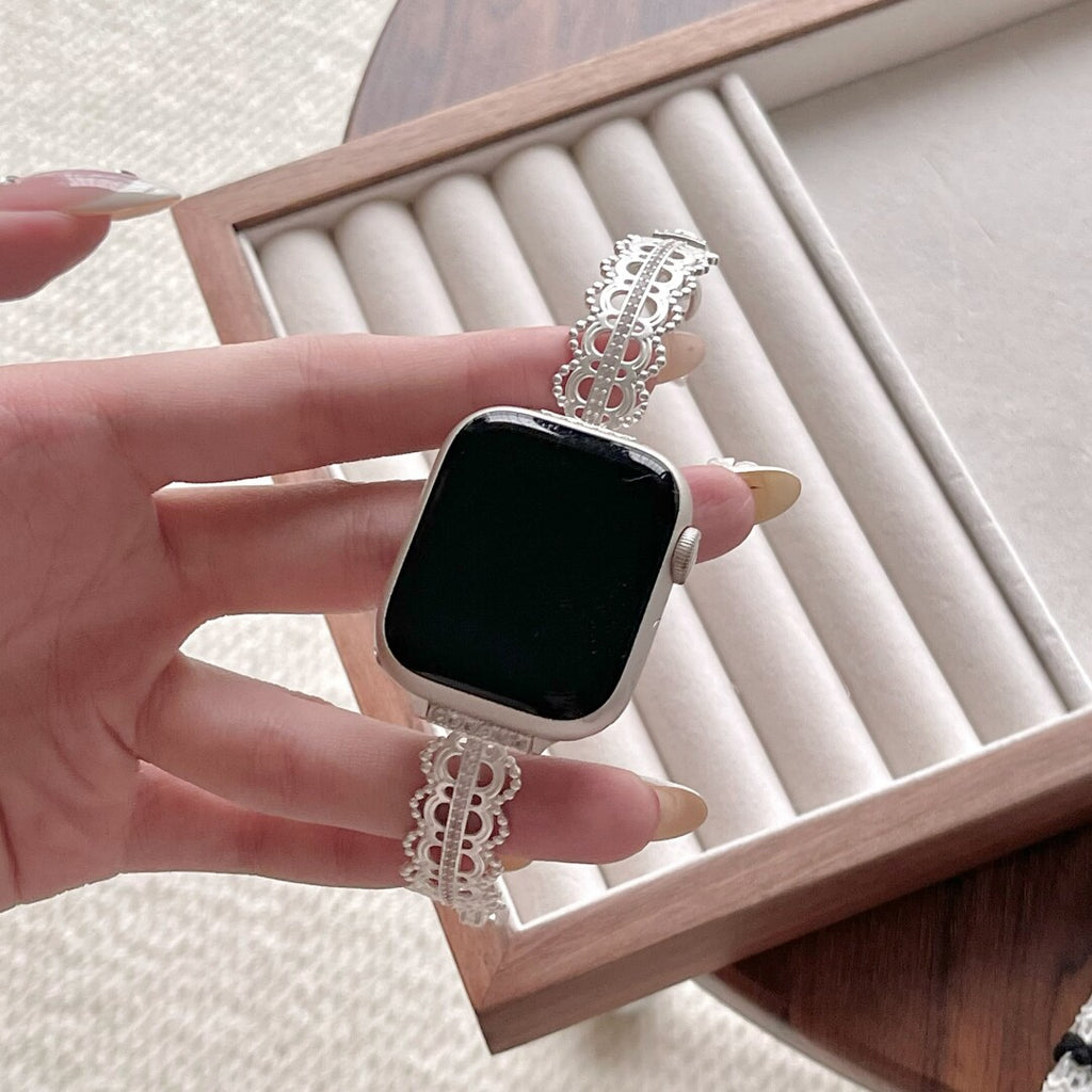Luxury Lace Metal Band Compatible with Apple Watch Series 11 10 9 SE Ultra, Filigree Stainless Steel Bracelet for iWatch 44mm 45mm 49mm - Silver