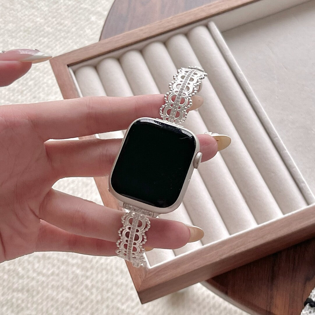 Luxury Lace Metal Band Compatible with Apple Watch Series 11 10 9 SE Ultra, Filigree Stainless Steel Bracelet for iWatch 44mm 45mm 49mm - Silver