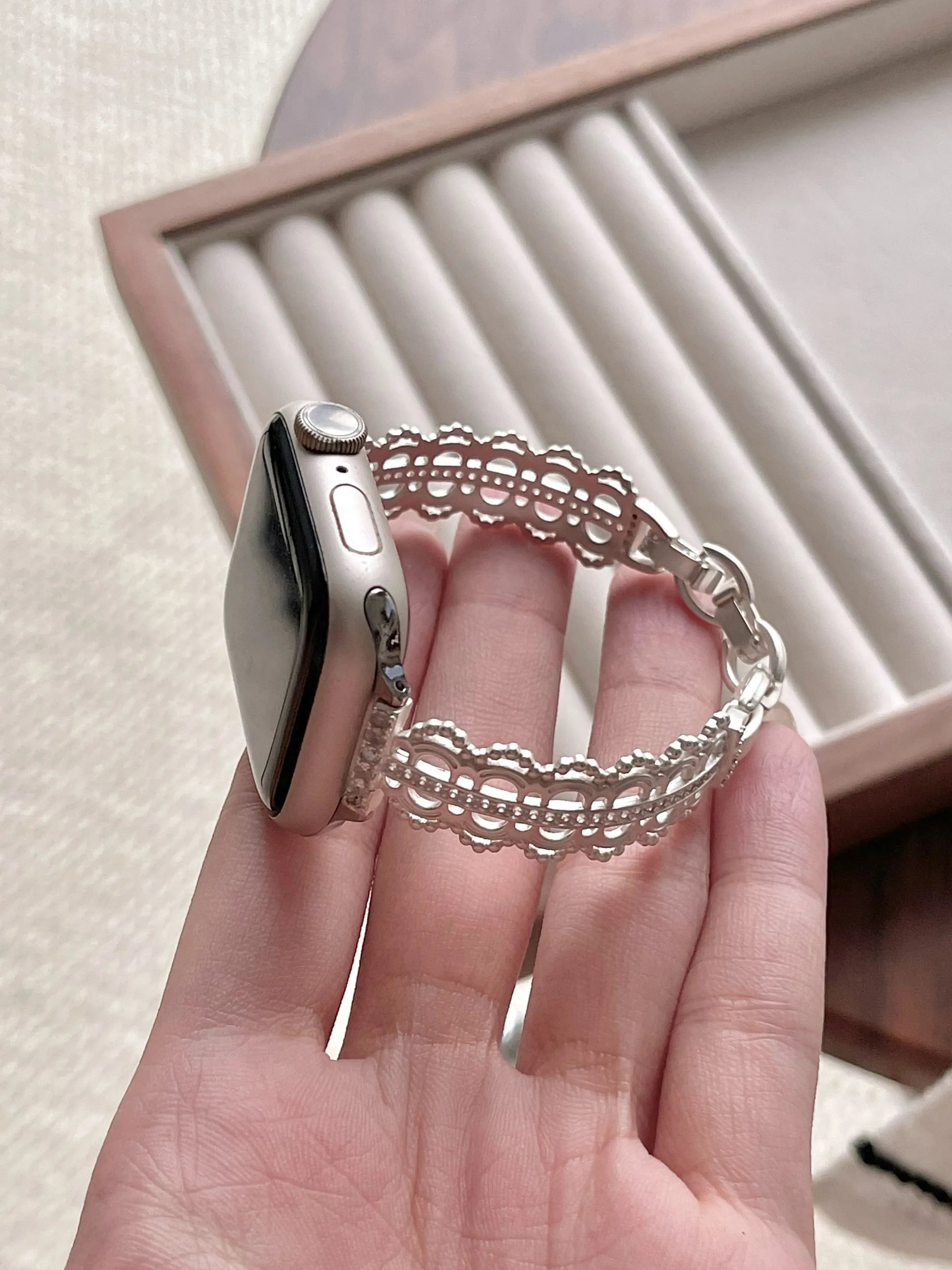 Luxury Lace Metal Band Compatible with Apple Watch Series 11 10 9 SE Ultra, Filigree Stainless Steel Bracelet for iWatch 44mm 45mm 49mm - Silver